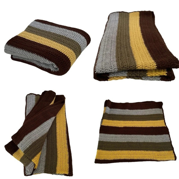 Handmade Multi-Colored Striped Crochet Home Decor Throw Blanket Approx: 49”x49” - Picture 1 of 11